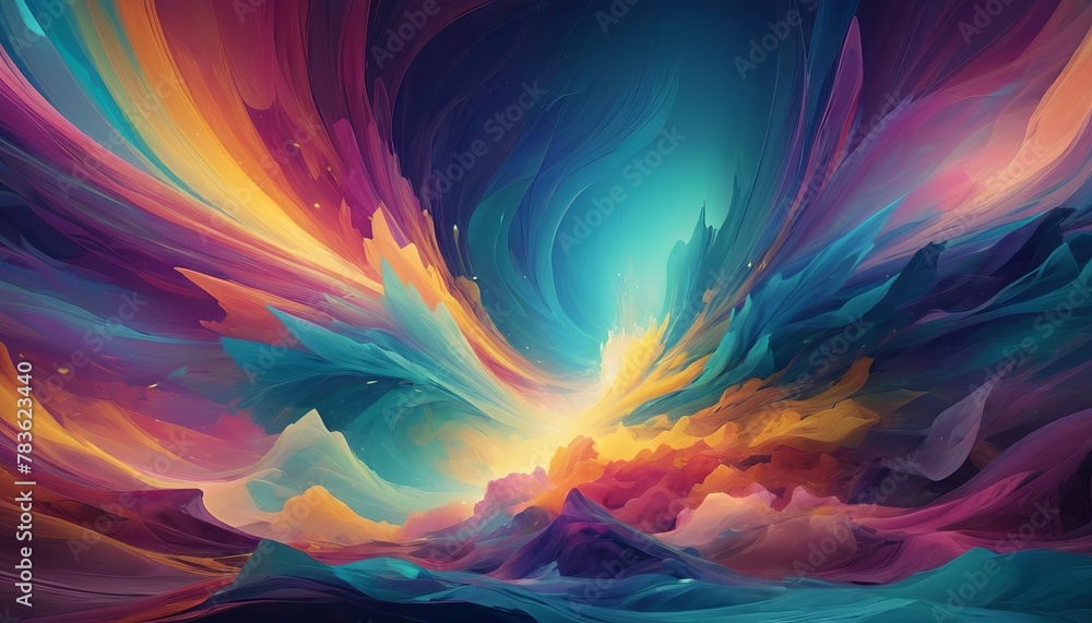 Poster an abstract landscape in a flowing, painterly style with a rich array of colors, from deep blues and