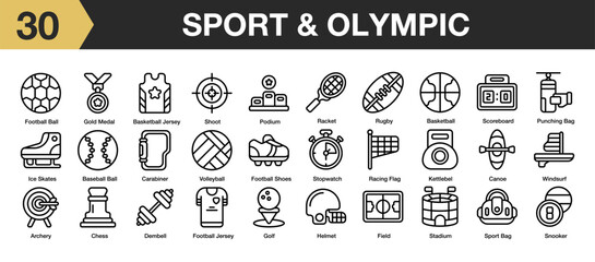 Set of 30 sport icon set. Includes field, golf, helmet, podium, rugby, shoot, stopwatch, chess, racket, and More. Outline icons vector collection.