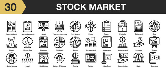 Set of 30 stock market icon set. Includes money, chip, bank, graph, report, financial, and More. Outline icons vector collection.