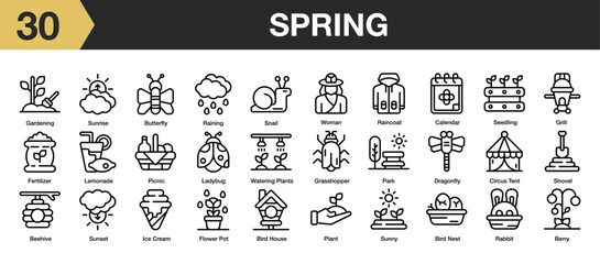 Set of 30 spring icon set. Includes grill, park, raining, shovel, sunrise, bird nest, picnic, and More. Outline icons vector collection.