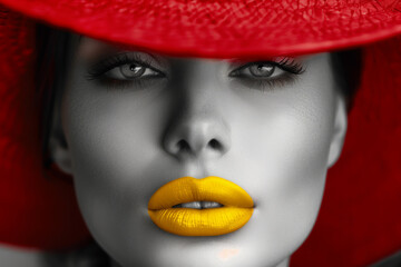 A woman with a red hat and yellow lips
