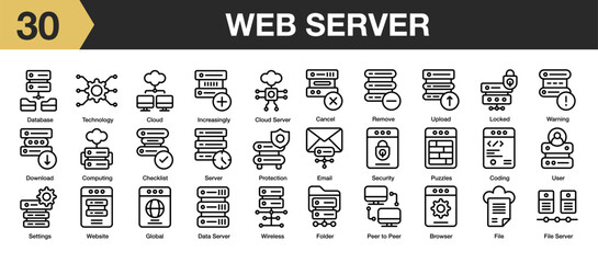 Set of 30 web server icon set. Includes cloud, security, technology, warning, data server, and More. Outline icons vector collection.