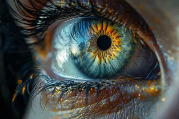 Tuinposter An intricate close-up of an eye, capturing reflective light patterns and rich iris textures, conveying depth © Larisa AI