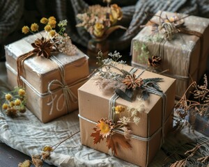set of eco-friendly gift boxes made from recycled materials - obrazy, fototapety, plakaty