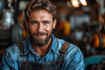 Fototapeta premium A portrait of a cheerful, bearded man in a denim apron, suggesting he is a craftsman or artisan