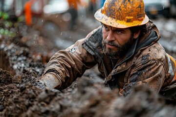 Image of a focused construction worker covered in mud, highlighting the intensity of physical labor and effort