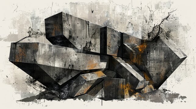 AI generated illustration of a rock on cracked cement wall with paint strokes