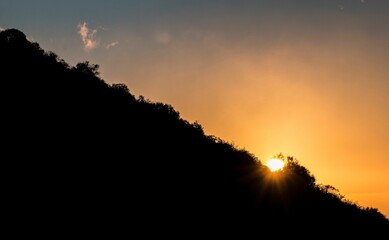 Beautiful sunset in orange shades in the sky and the sun going down behind the silhouette of trees
