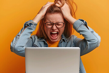 Frustrated woman screaming with hands in hair in front of laptop on orange background. Stress and technology concept with copy space for design and banner