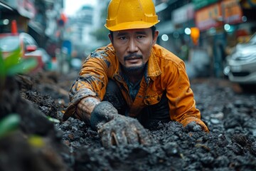 A construction worker in an orange jacket is lying in the mud, representing the hardship of manual labor