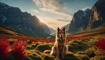 AI generated illustration of a dog sitting in a field near mountains on a sunny day - obrazy, fototapety, plakaty