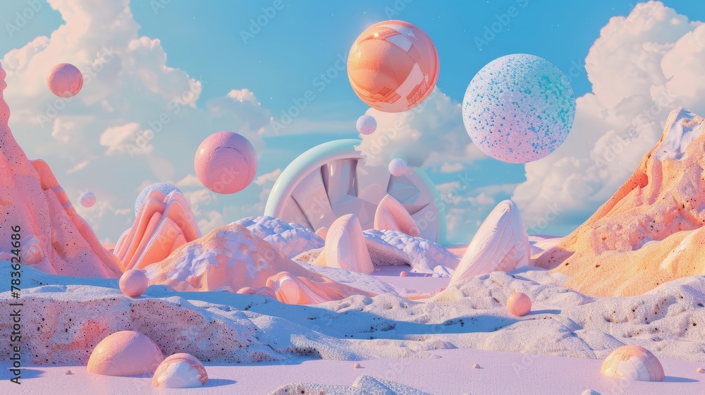 Poster retro-inspired floating objects in a dreamlike landscape 3d style isolated flying objects memphis st