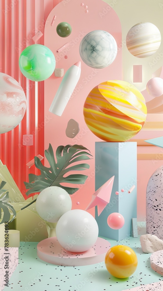 Poster Retro-inspired 3d objects floating in space 3d style isolated flying objects memphis style 3d render  AI generated illustration