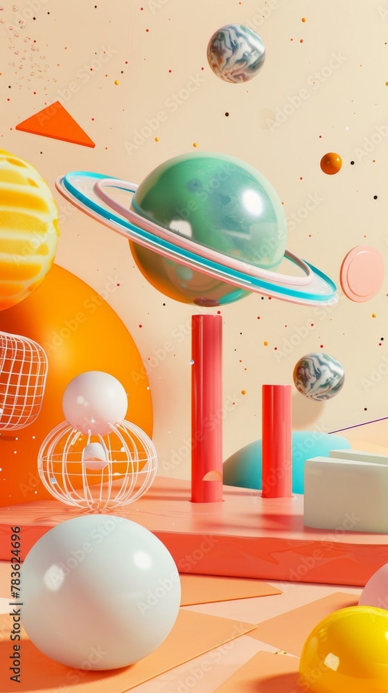 Poster Retro-inspired 3d objects floating in space 3d style isolated flying objects memphis style 3d render  AI generated illustration