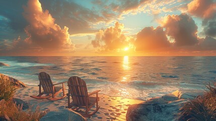 Beach Sunset with Chairs - obrazy, fototapety, plakaty