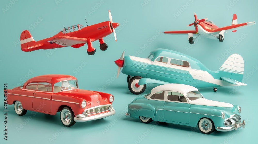 Poster retro-inspired toy cars and planes 3d style isolated flying objects memphis style 3d render ai gener