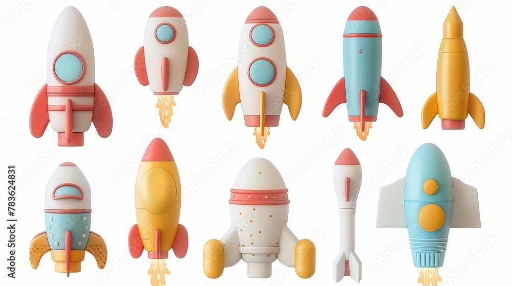 Poster Retro-inspired toy rockets and spaceships 3d style isolated flying objects memphis style 3d render  AI generated illustration