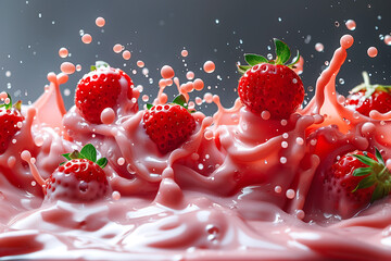 a mixture of white and pink liquid with strawberrys on it - obrazy, fototapety, plakaty