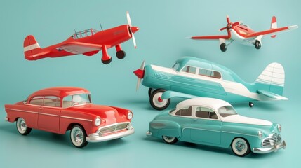 Obraz na płótnie Canvas Retro-inspired toy cars and planes 3d style isolated flying objects memphis style 3d render AI generated illustration