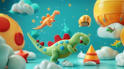 Naklejka na ściany i meble Retro-inspired toy dinosuars in a futuristic world 3d style isolated flying objects memphis style 3d render AI generated illustration