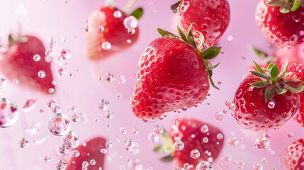 Ripe strawberries floating among frozen droplets on a pink gradient backdrop  AI generated illustration