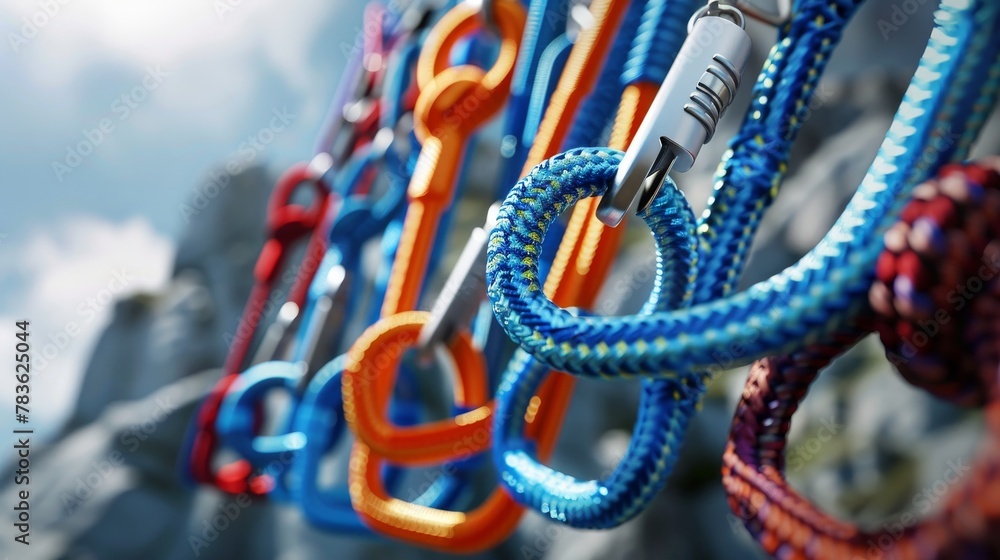 Poster rock climbing ropes and carabiners suspended 3d style isolated flying objects memphis style 3d rende