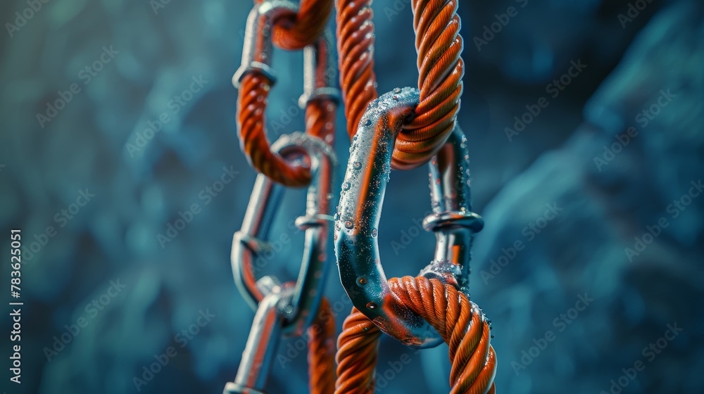 Poster rock climbing ropes and carabiners suspended 3d style isolated flying objects memphis style 3d rende
