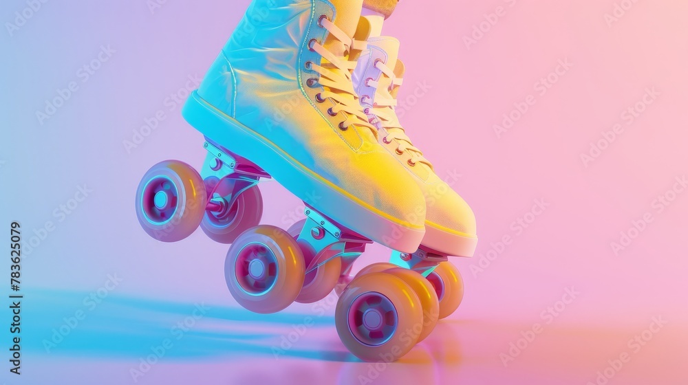 Poster roller skating wheels and skates soaring through the air 3d style isolated flying objects memphis st