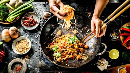 A hands-on cooking scene, preparing Pad Thai in a wok, tossing the noodles with fresh ingredients, capturing the dynamic art of Thai cooking.