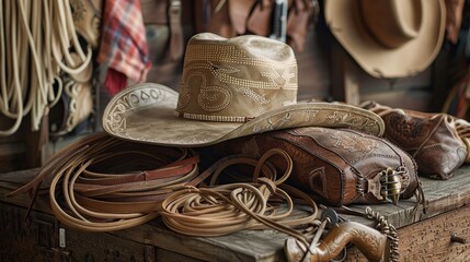 Rodeo gear in a Western motif  AI generated illustration - obrazy, fototapety, plakaty