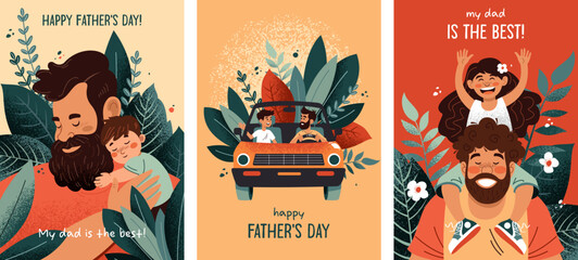 Set of postcards dedicated to Father's Day. Family, father and son, father and daughter, friendship and mutual understanding. Prints for clothes, cover for notebooks, posters, postcards, advertising 