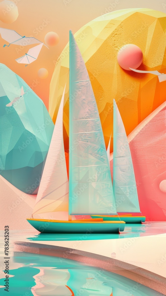 Poster sailing sails and boats in a retro color palette 3d style isolated flying objects memphis style 3d r