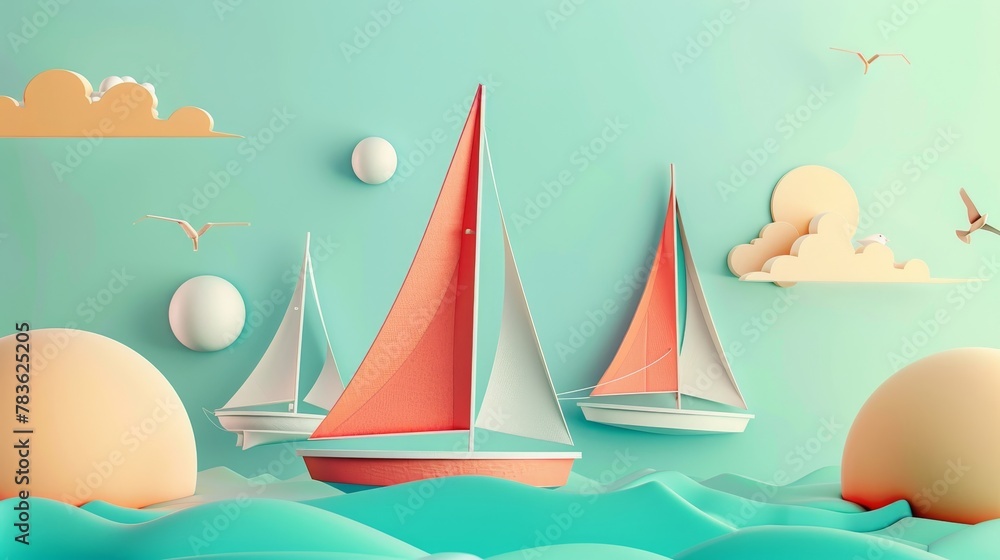 Poster sailing sails and boats in a retro color palette 3d style isolated flying objects memphis style 3d r