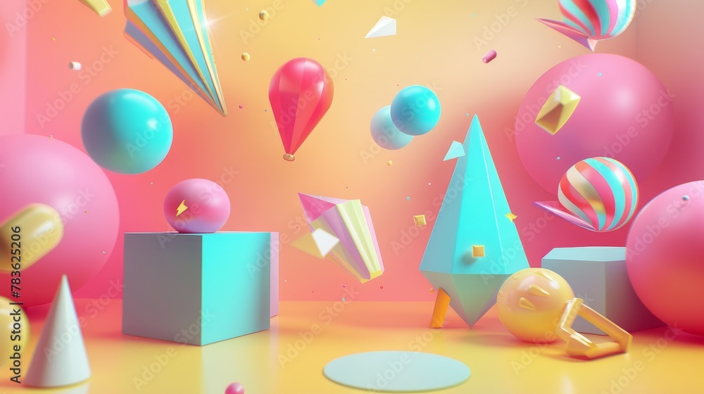 Poster sale background featuring flying objects 3d style isolated flying objects memphis style 3d render ai