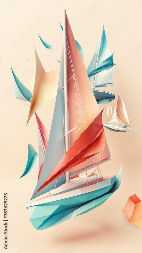 Poster sailing sails and boats in a retro color palette 3d style isolated flying objects memphis style 3d r
