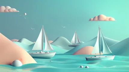 Zelfklevend Fotobehang Sailing sails and boats in a retro color palette 3d style isolated flying objects memphis style 3d render  AI generated illustration © ArtStage