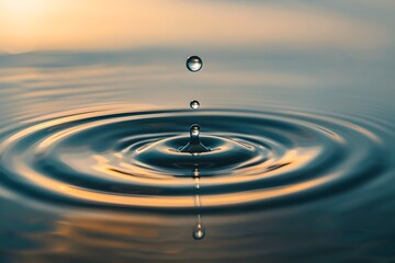 Fototapeta na wymiar Tranquil Water Droplet Captured at Sunset. Serenity and Nature's Simplicity in Harmony. Perfect for Calm Backgrounds. Generative AI
