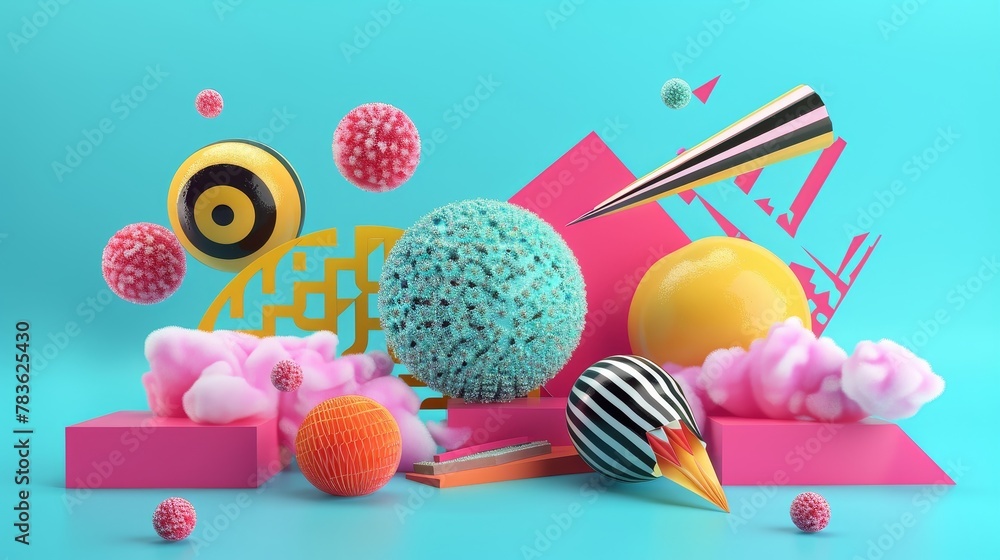 Poster sale promotion featuring dynamic flying objects 3d style isolated flying objects memphis style 3d re