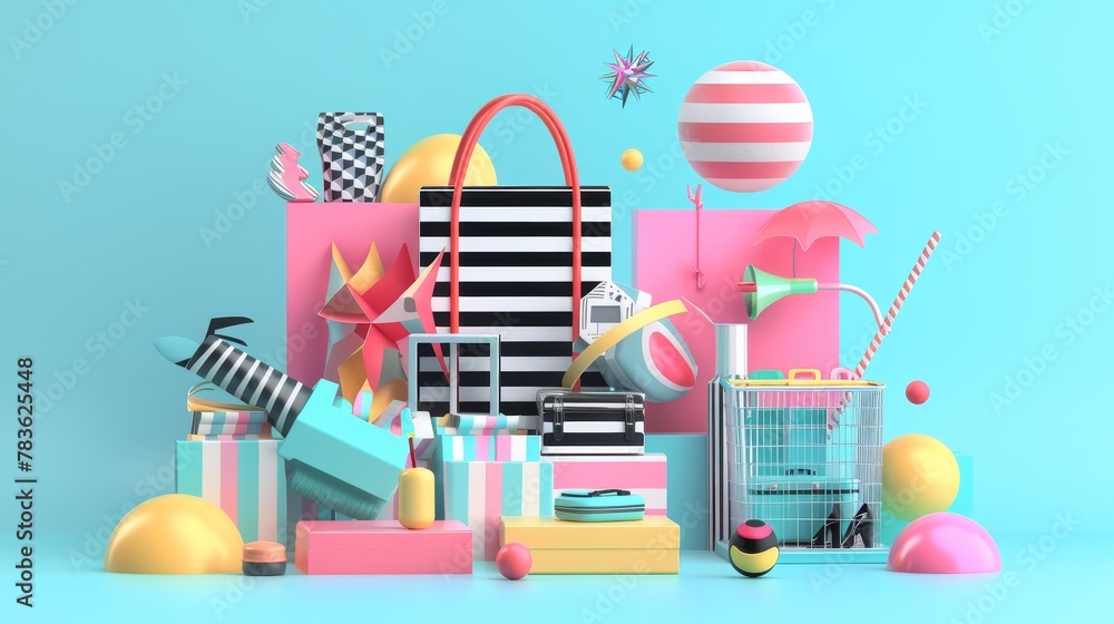 Poster sale promotion with isolated 3d elements 3d style isolated flying objects memphis style 3d render ai