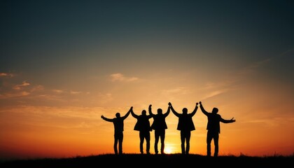 A group of friends with raised hands in silhouette against a vibrant sunset, symbolizing friendship and victory