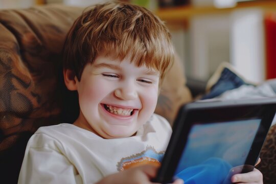 Joyful Child with Autism, Engaging in Digital Learning Game on Tablet, Promoting Inclusivity and Educational Technology Concept.