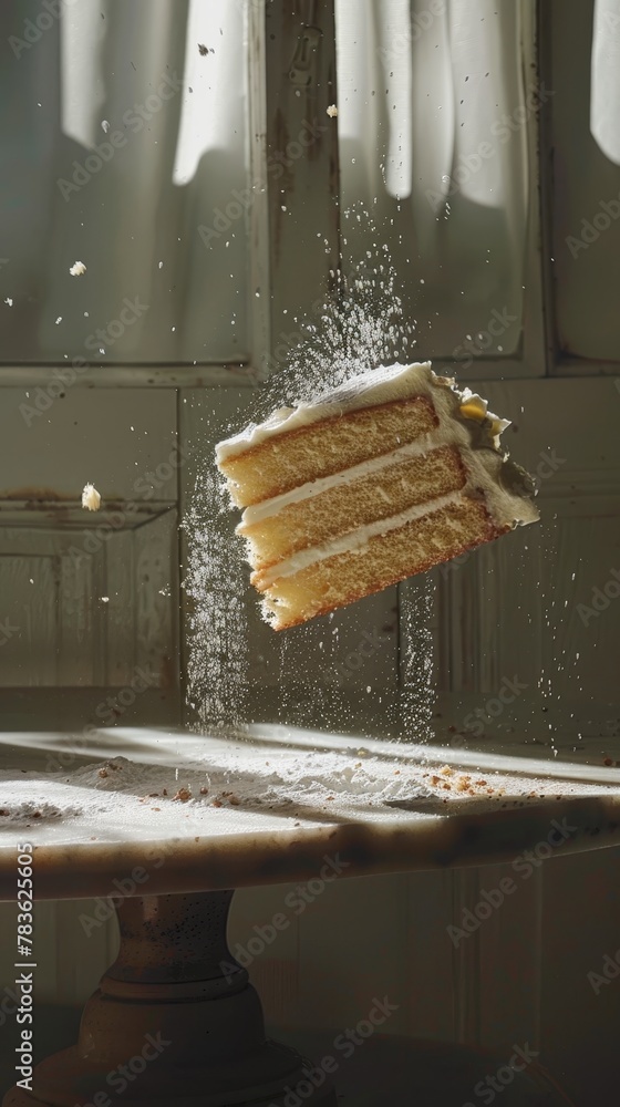 Poster set the scene for a levitating slice of cake with a dynamic mix of shadows and light ai generated il