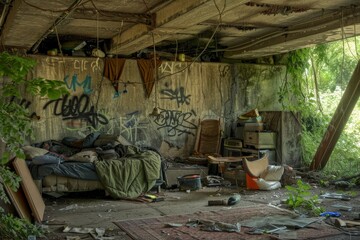 Fototapeta premium Overpass Makeshift Shelter Depicting Chaotic Living Conditions in a Urban Setting.