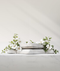 Stone podium for product display with white flowers. Gray showcase mockup