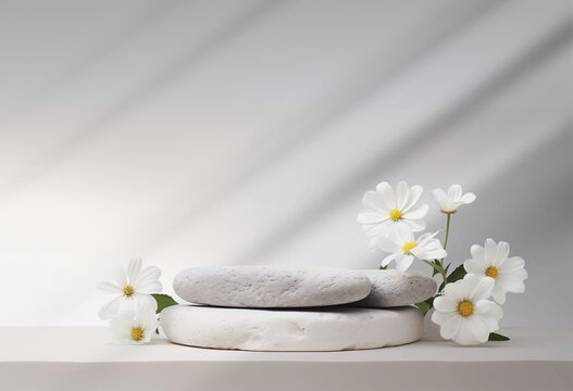Stone podium for product display with white flowers. Gray showcase mockup