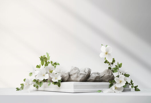 Stone podium for product display with white flowers. Gray showcase mockup