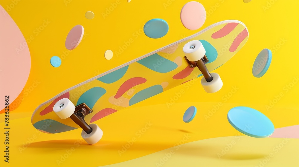 Poster skateboard deck and wheels in a geometric motif 3d style isolated flying objects memphis style 3d re