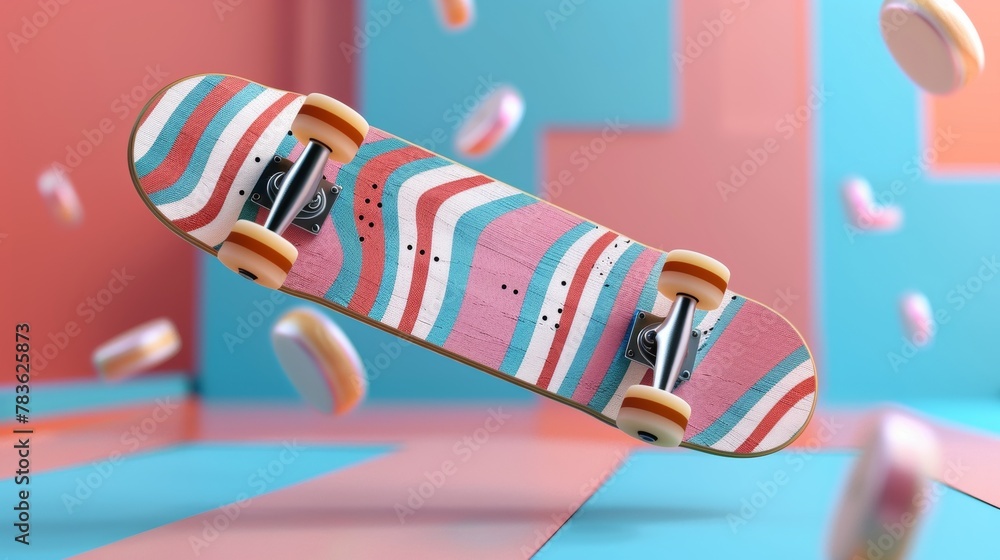 Poster skateboard deck and wheels in a geometric motif 3d style isolated flying objects memphis style 3d re
