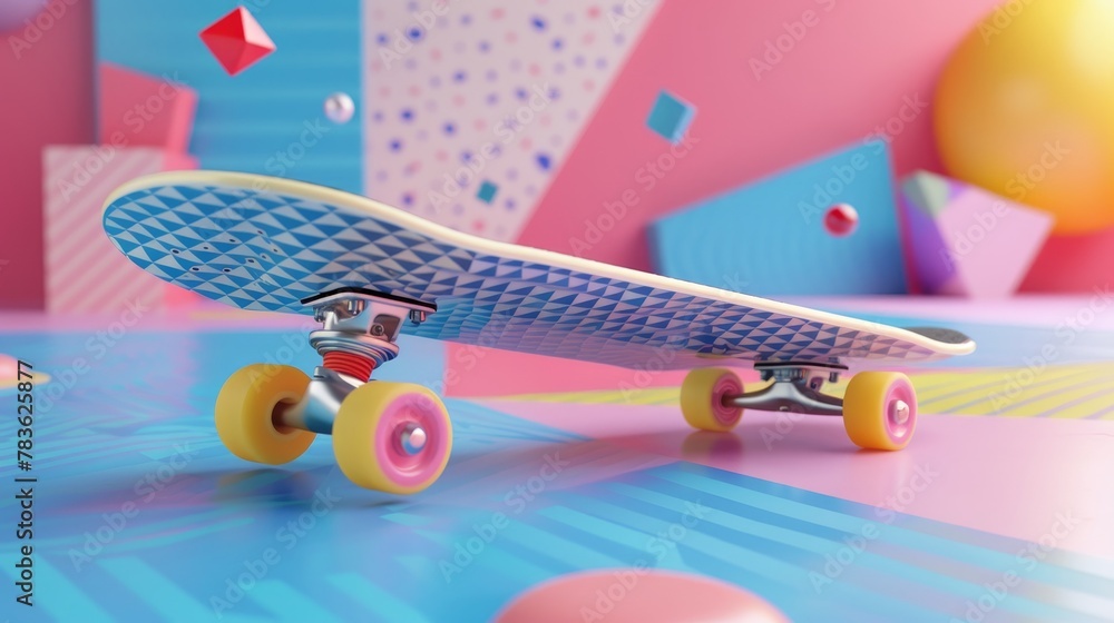 Poster skateboard deck and wheels in a geometric motif 3d style isolated flying objects memphis style 3d re
