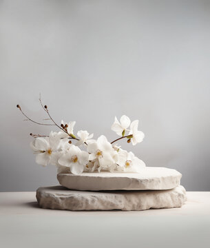 Stone podium for product display with white flowers. Gray showcase mockup